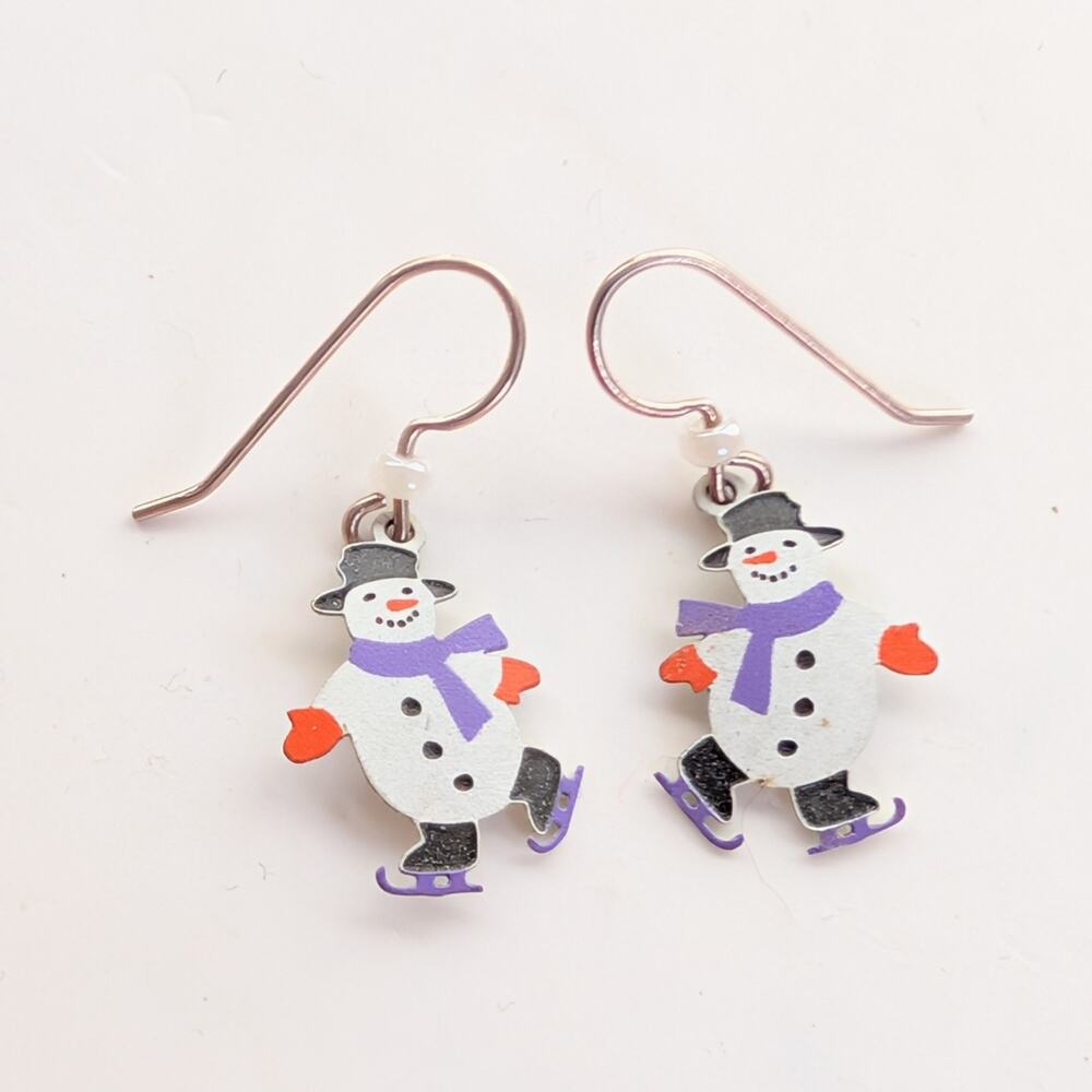 Vintage White Enamel Ice Skating Snowman Frosty Winter Holiday Dangle Earrings